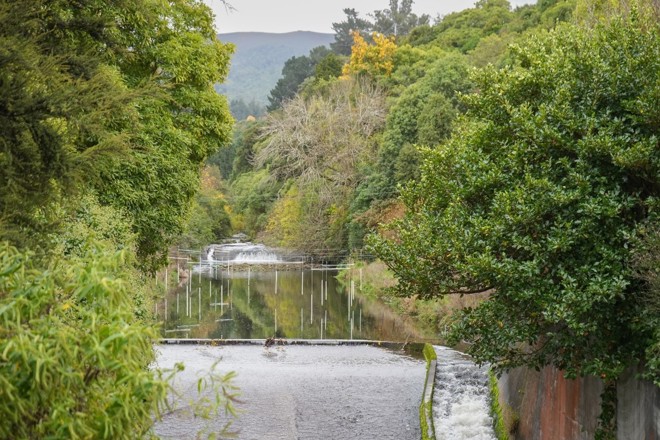a wide stream running through a concrete channel with green bushes on both sides