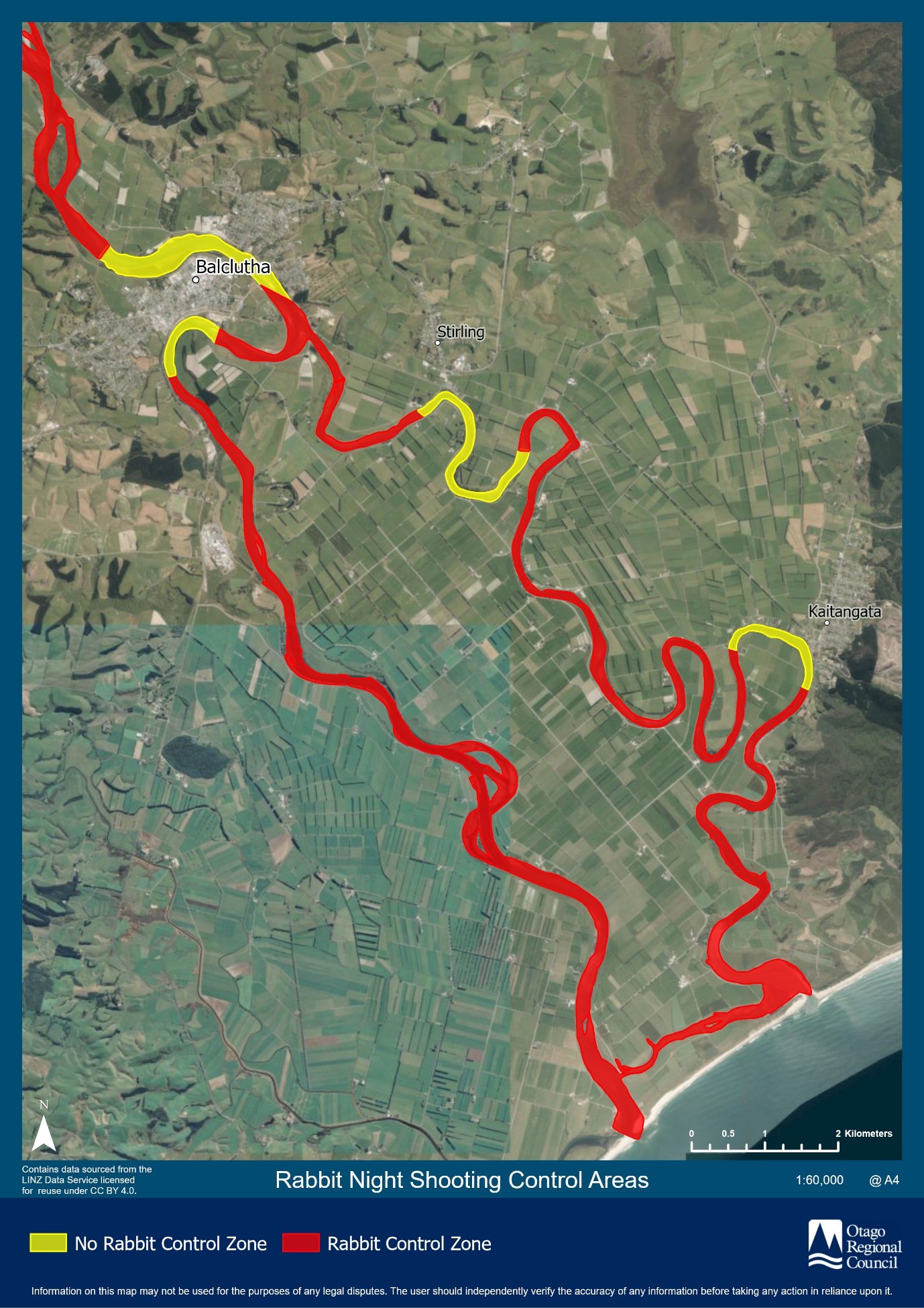 Map: Operation area of rabbit control in Lower Clutha flood bank