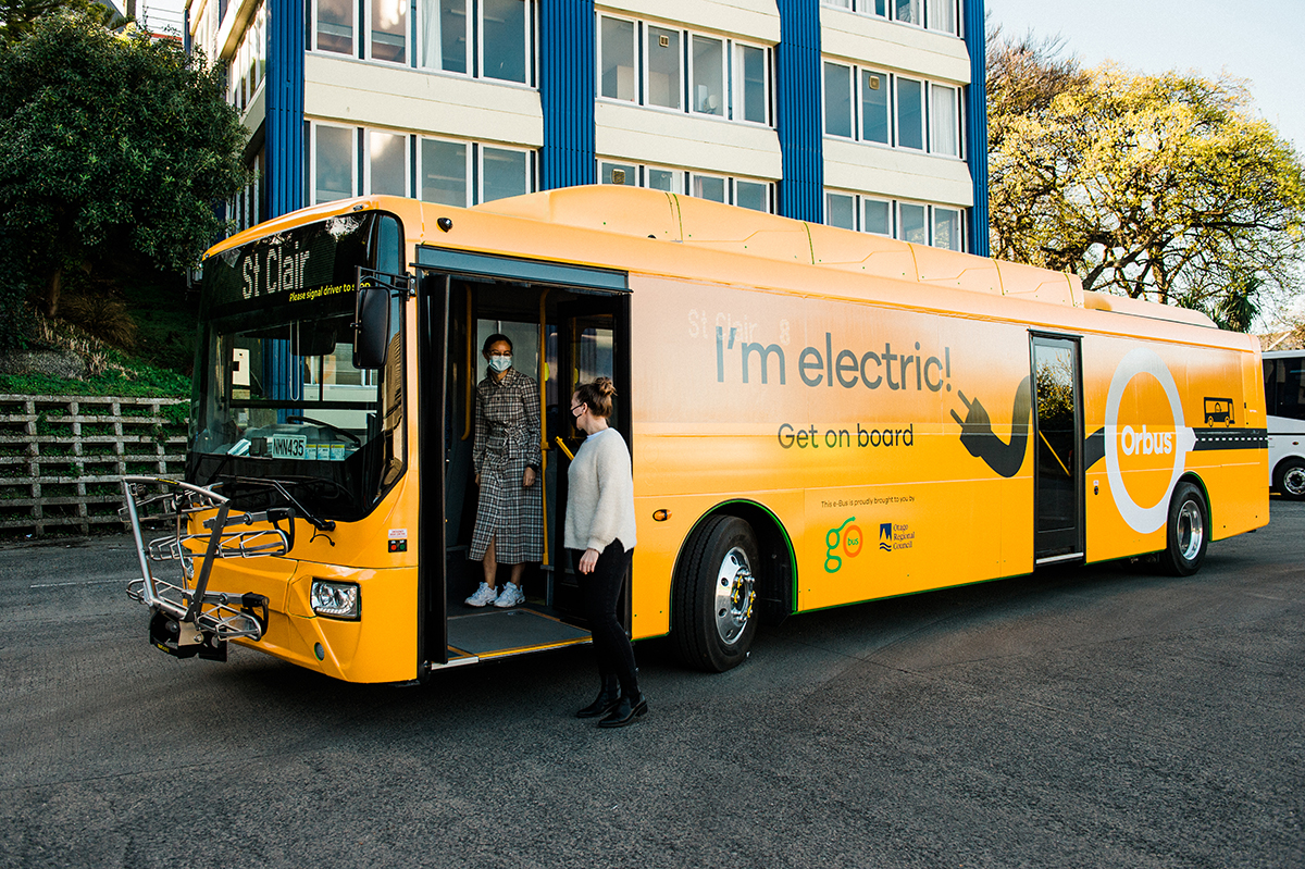 Dunedin e-Bus with passengers.