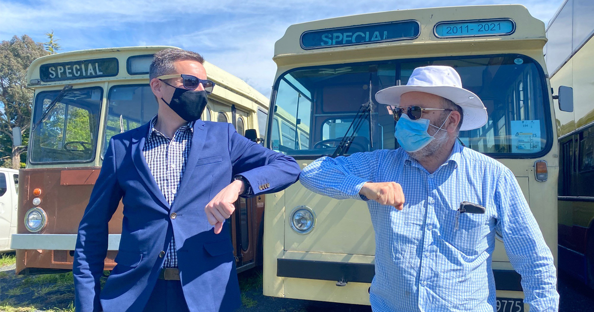 Otago Regional Council (ORC) Implementation Lead Julian Phillips with Peter Dowden of the Otago Heritage Bus Society