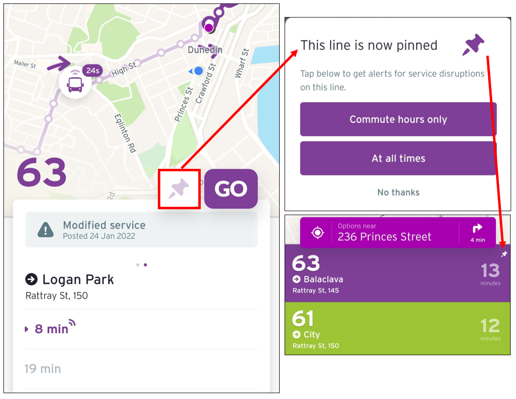 How to pin your favourite Dunedin route in the free Transit app for public transport buses..