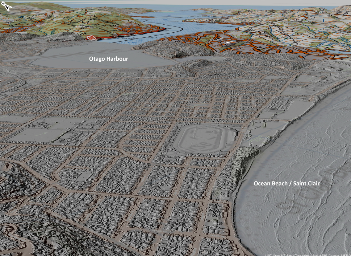 The LiDAR 3D image, looking north across Dunedin’s beaches and South Dunedin toward the harbour.