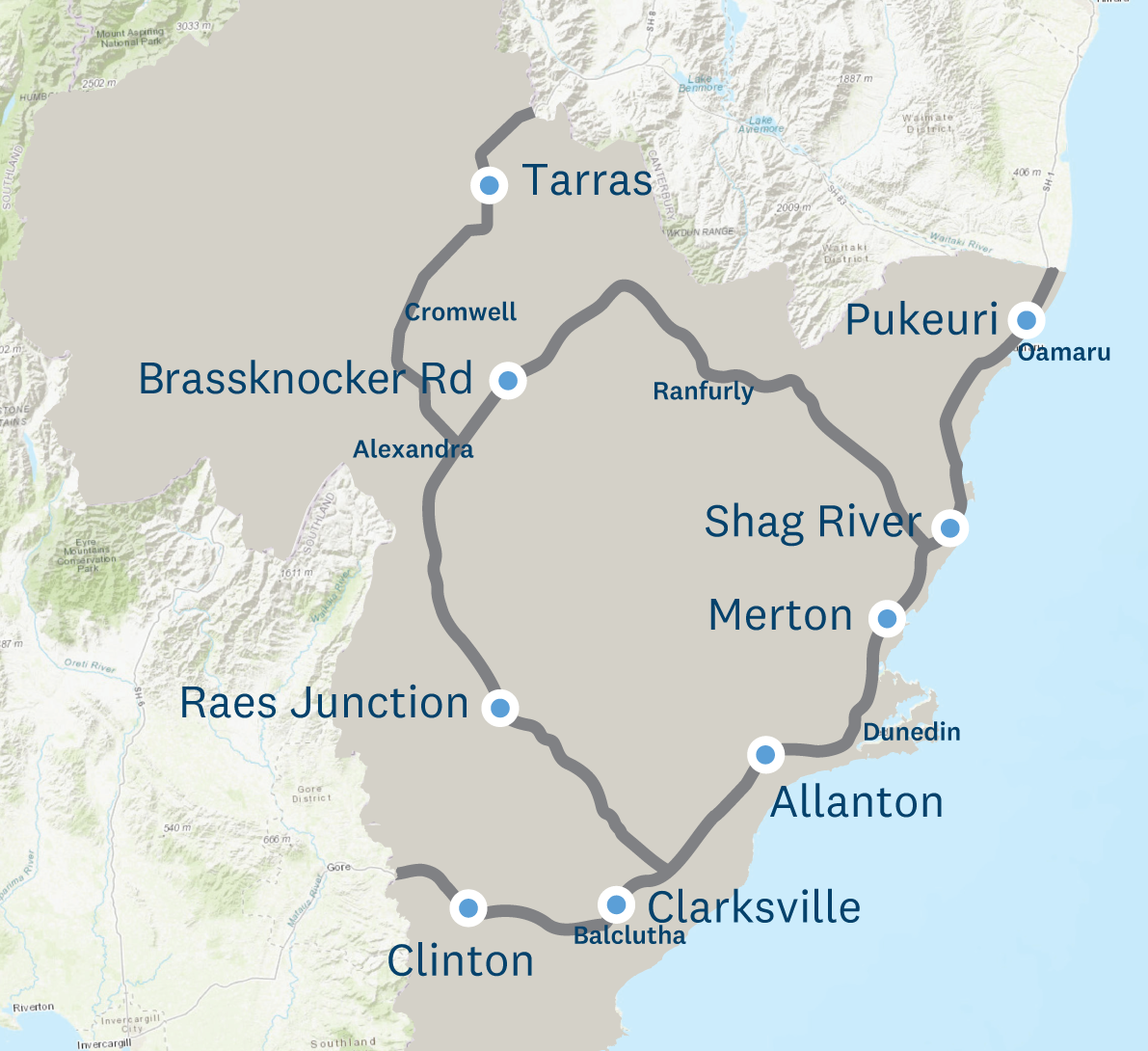 Effluent disposal sites across Otago.