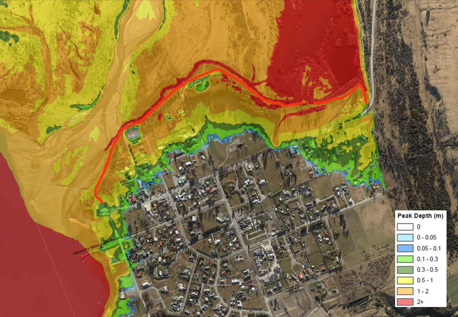 Model results for a flooding scenario at Glenorchy, these are coloured by floodwater depth.