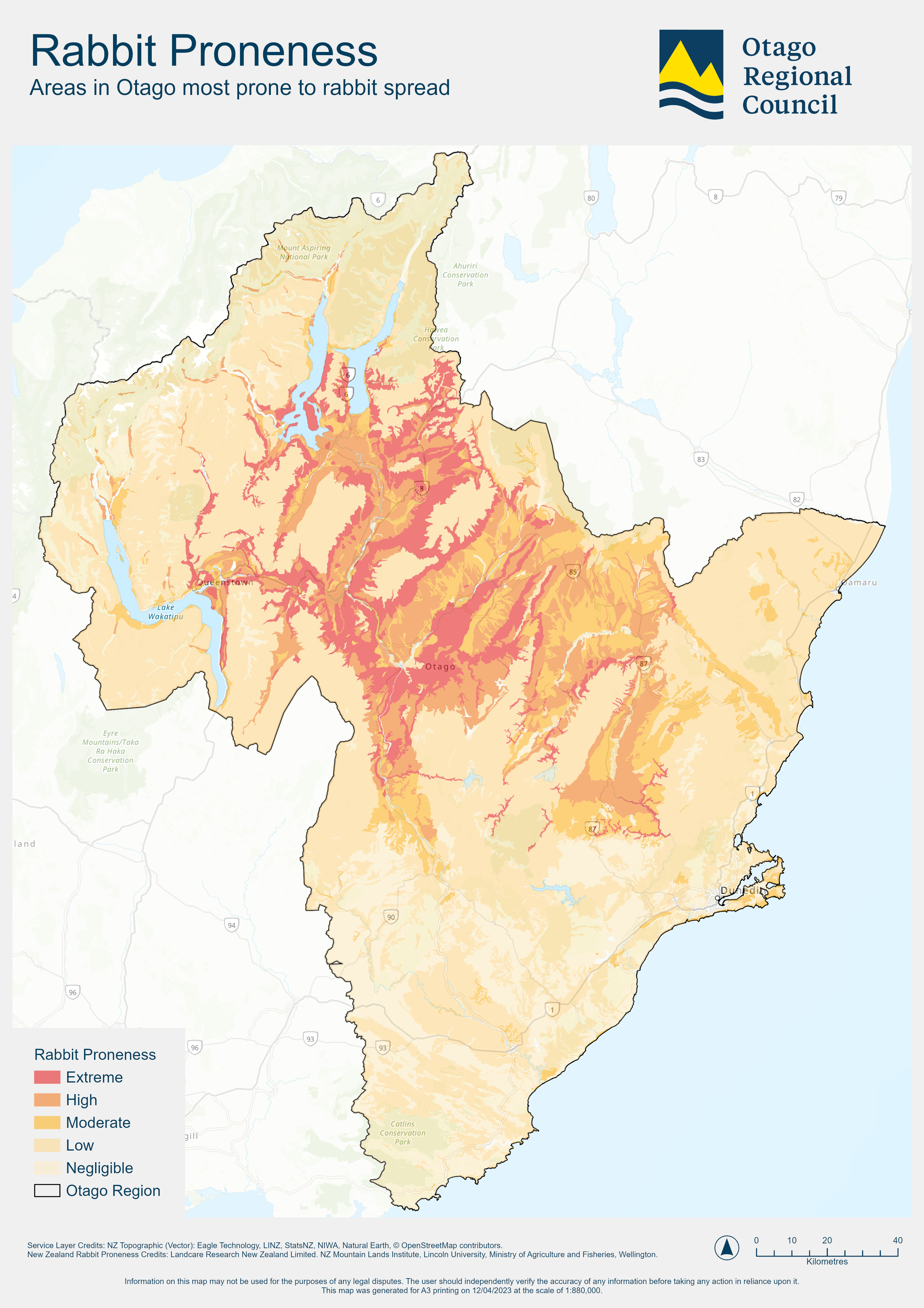 A map of areas in Otago most prone to rabbit spread