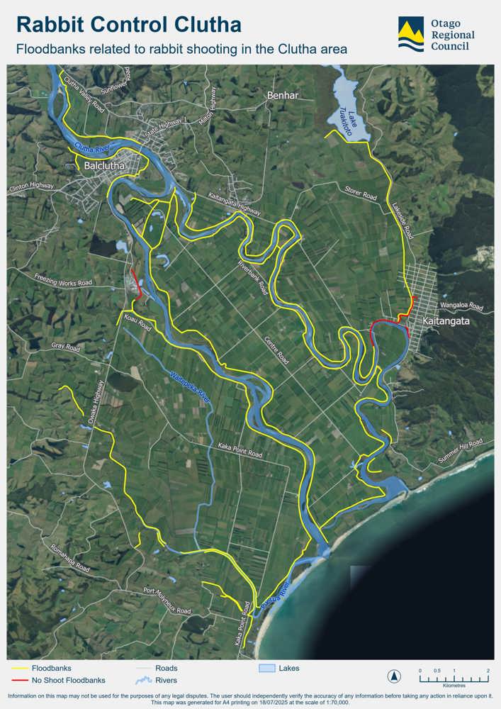 Map of Rabbit Control Clutha April 2026 floodbanks related to rabbit shooting in the clutha area