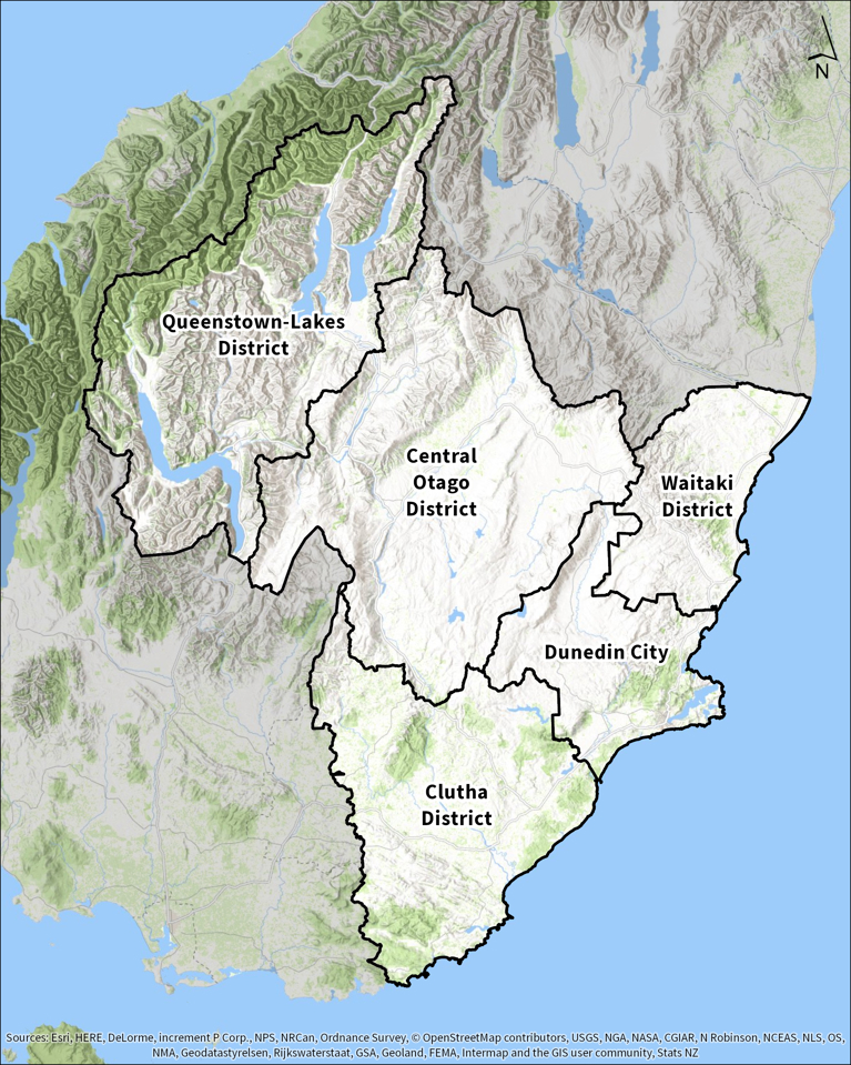 Map of Otago showing the district boundaries of Queenstown-Lakes, Central Otago, Waitaki, Dunedin City, Clutha.