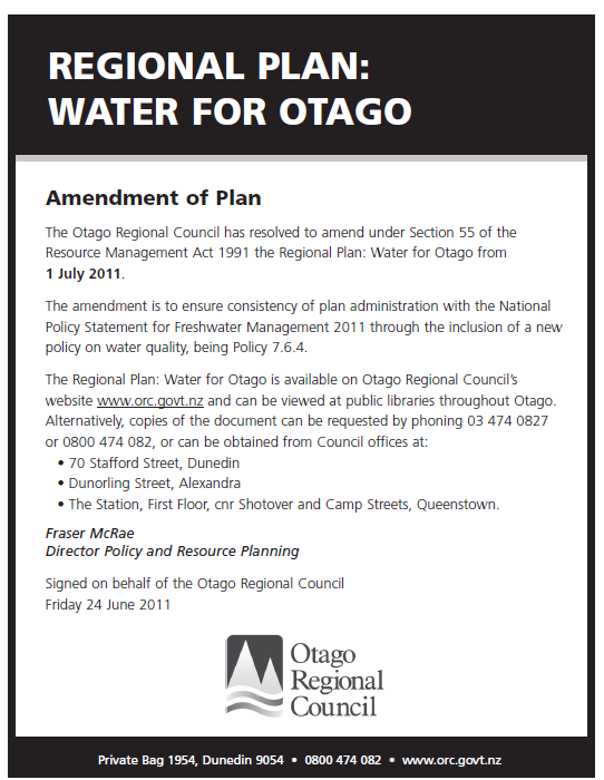 Amendment of Regional Plan: Water for Otago