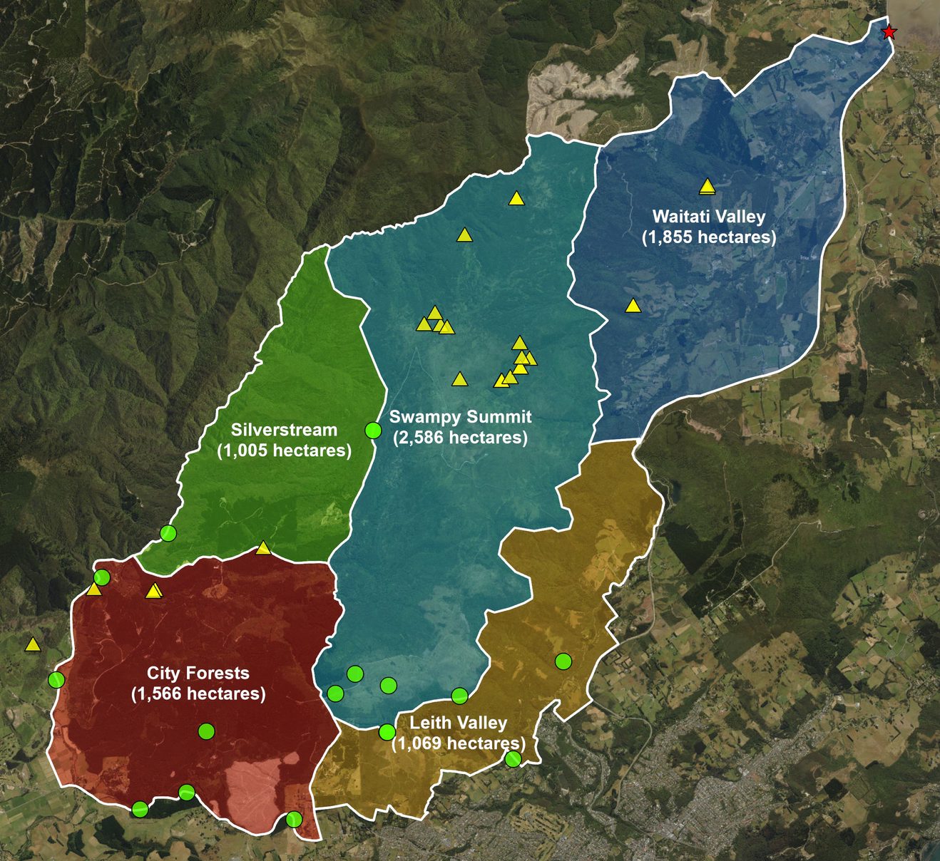 a map showing the locations of the operation sites marked with coloured overlays