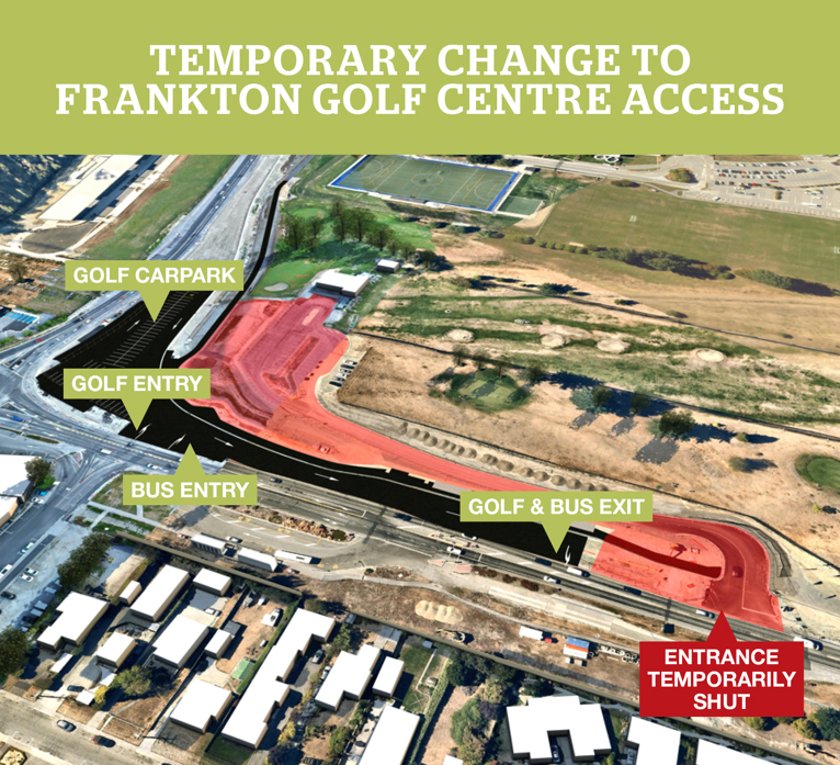 Map of temporary change to Frankton Golf Centre Access. From Monday 19 January to Monday 10 February, the golf course carpark will temporarily shift back to its old location.  During this time, golf course users will be entering and exiting the car park on either side of the Frankton Bus Hub, on the golf course side.  Traffic management and signage will be in place. However, please be patient as buses may experience minor delays when entering and exiting this area.
