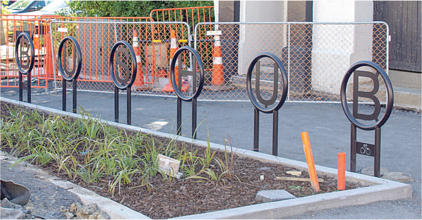 One of the bike racks onsite at the Central City Bus Hub.