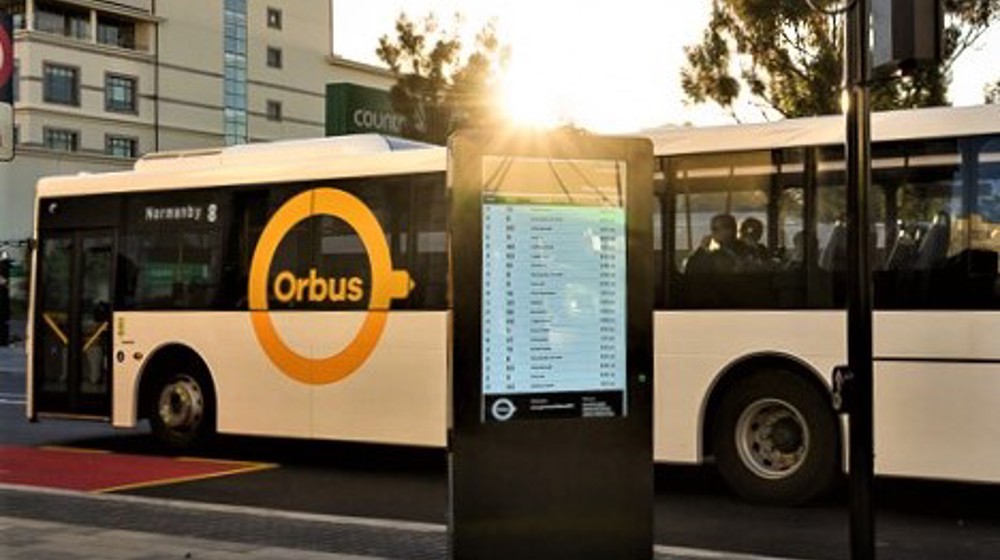 Bus hub orbus with sun flare and wayfinder diesel bus