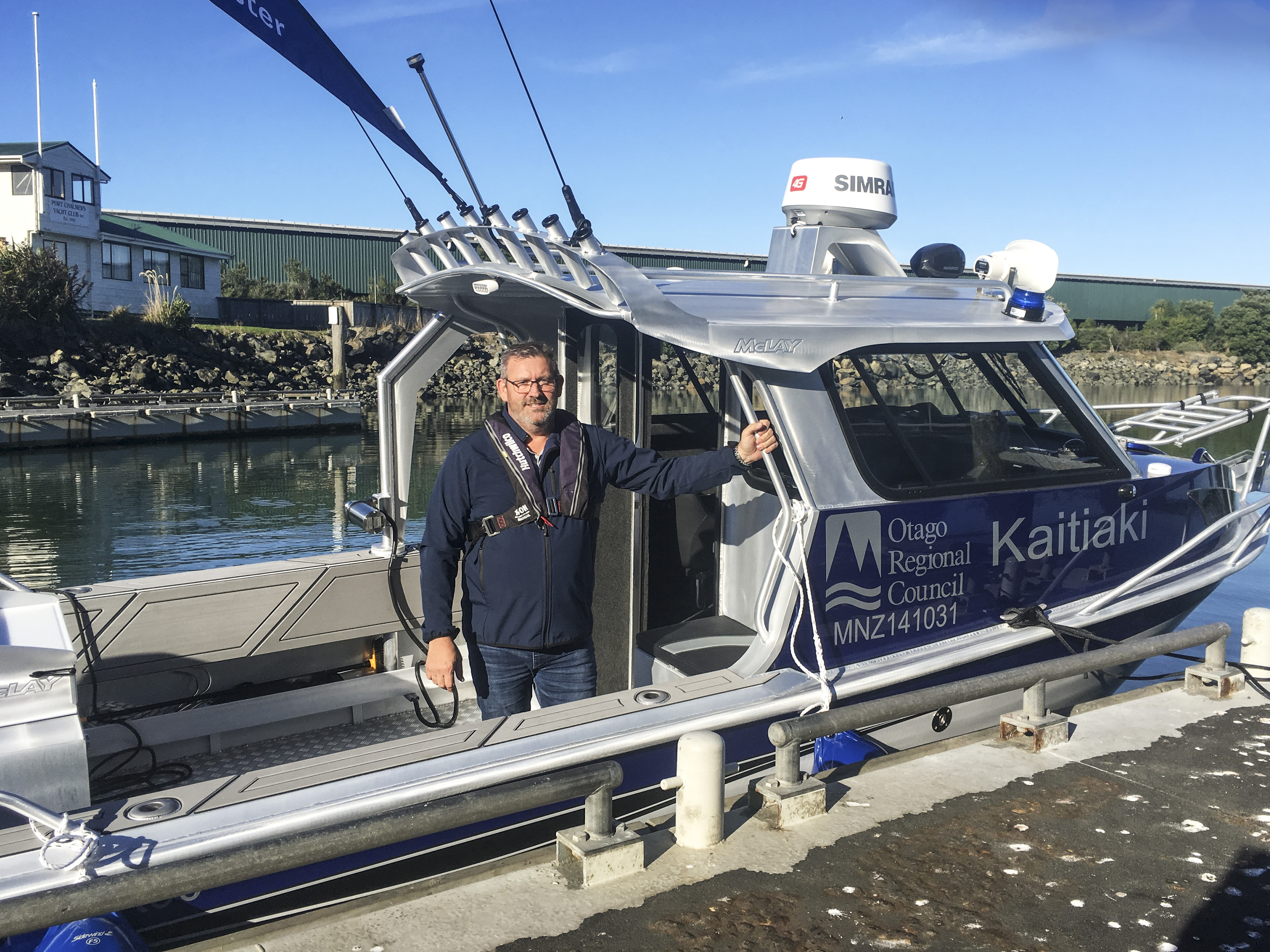 ORC Harbourmaster Steve Rushbrook on the Harbourmaster's vessel, Kaitiaki.