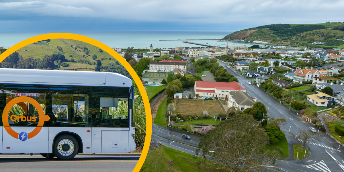 an aerial photo of a town with an inset photo of a public bus