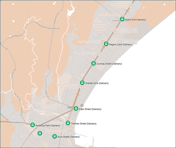 Map showing the location of nine bus stops in Ōamaru the Orbus Route 1
