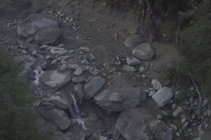 Aerial photograph of Shepherds Hut Creek showing large boulders and debris in the creek bed