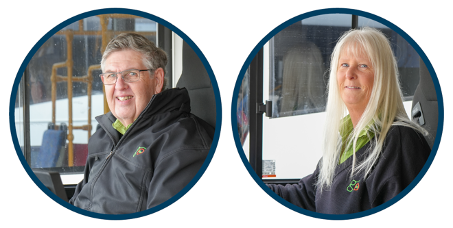 Two circles, each with a photo of a bus driver in wearing their uniform while sitting in the drivers seat of a bus