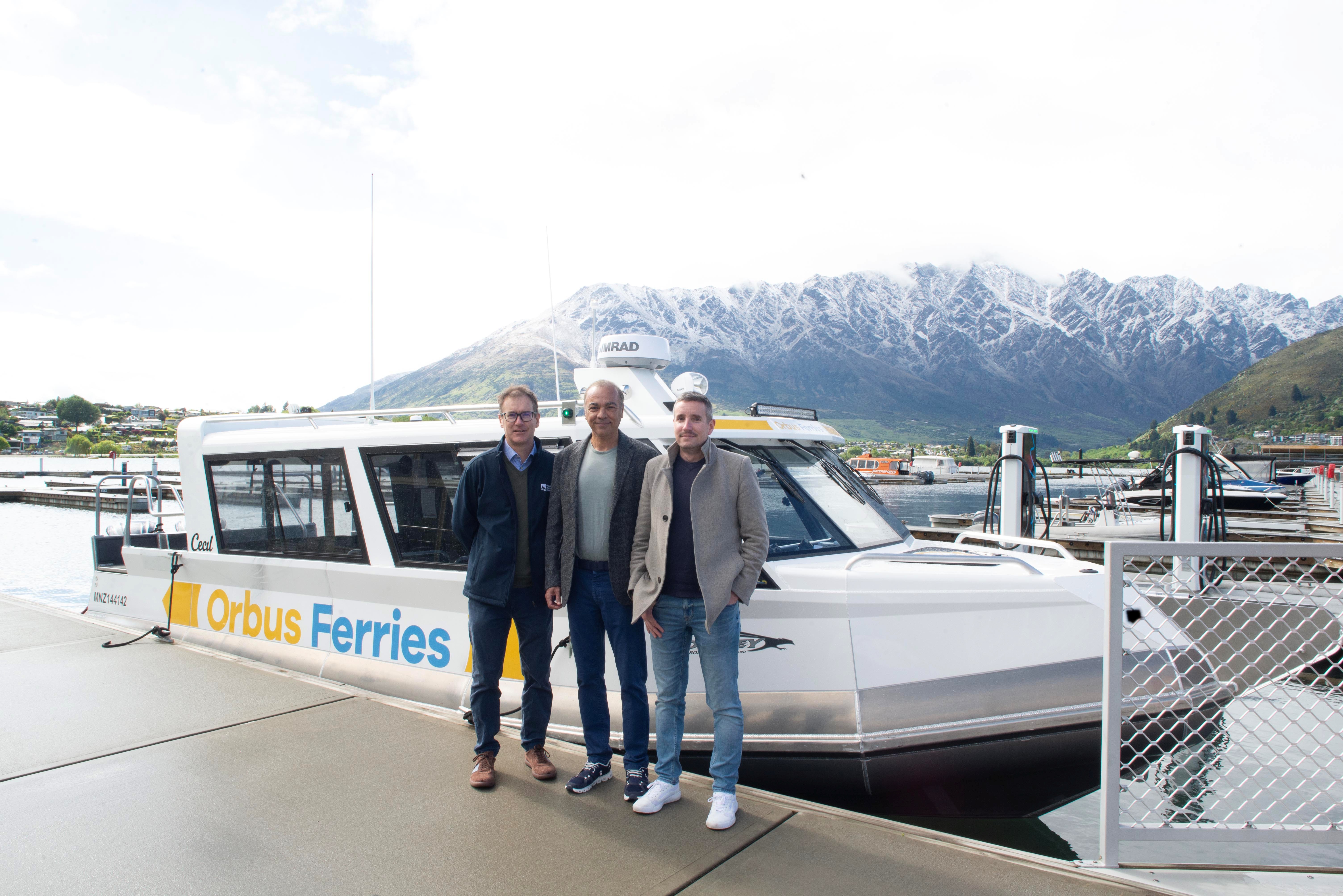 ORC Dunstan Ward Councillor Matt Hollyer, Watersports Ltd Owner Iraj Barabi, And ORC Transport Implementation Lead Julian Phillips Inspect The New Vessel