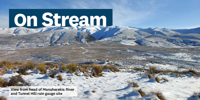 Snow-covered tussocky ground with hills in the background. The words On Stream are on the image.