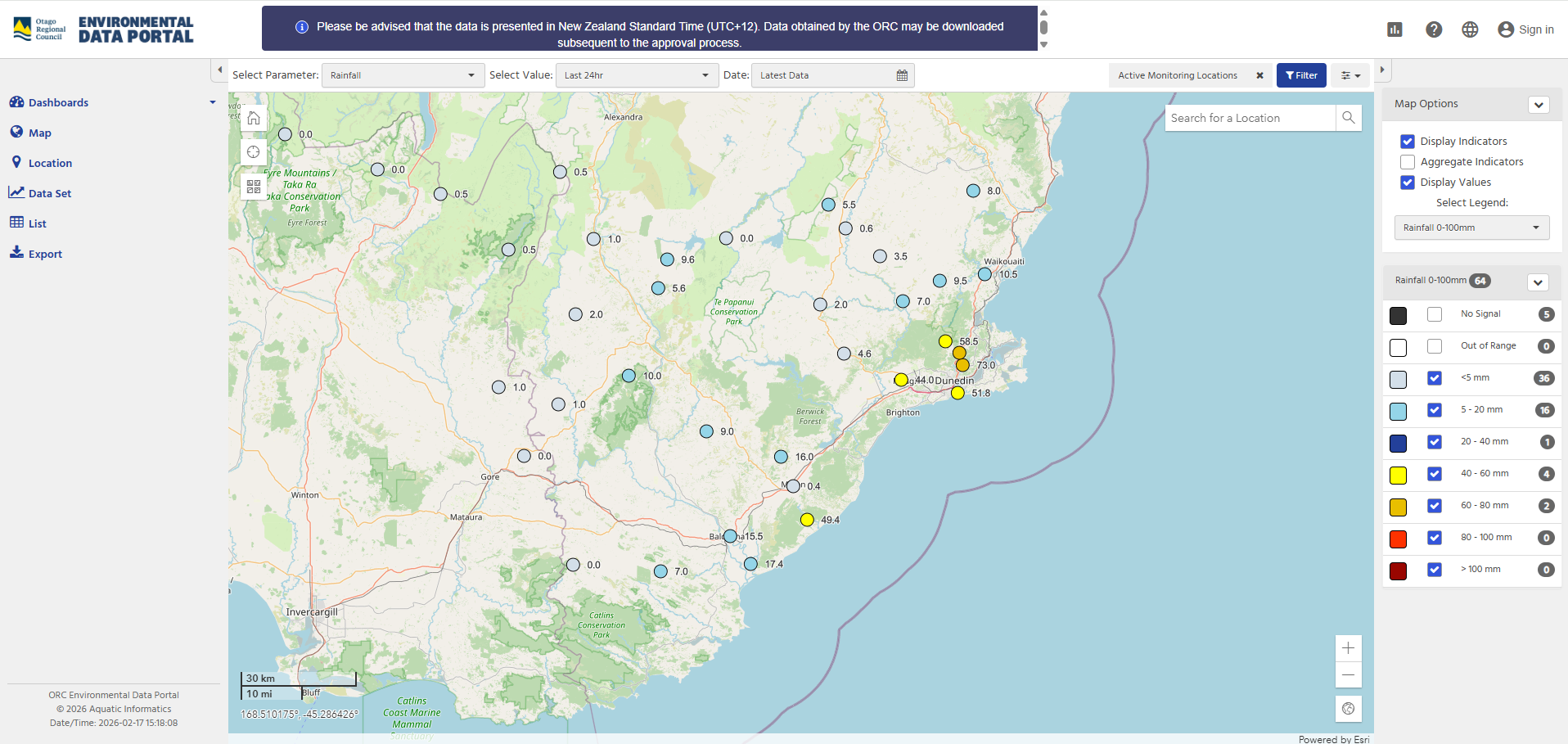 ORC’S Rain Gauge Network Showing The Rainfall Accumulation In The Last 24 Hours (Until 17 February 3Pm).