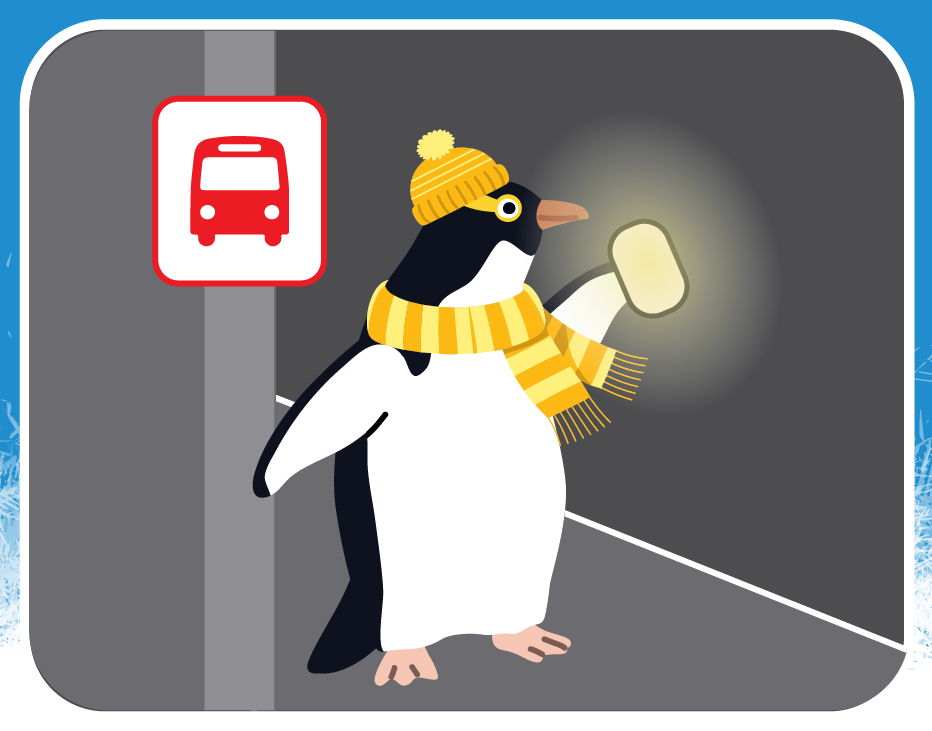 an illustration of a penguin standing in front of a bus stop sign and holding a mobile phone screen up in the dark