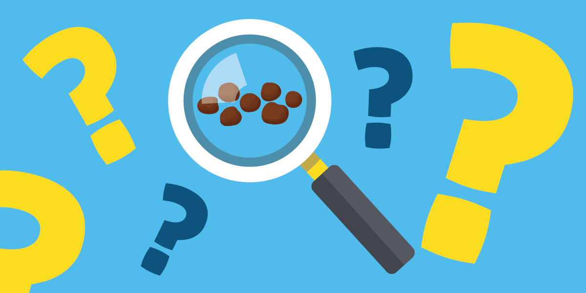 an illustration of magnifying glass with brown animal droppings under it and question marks around it