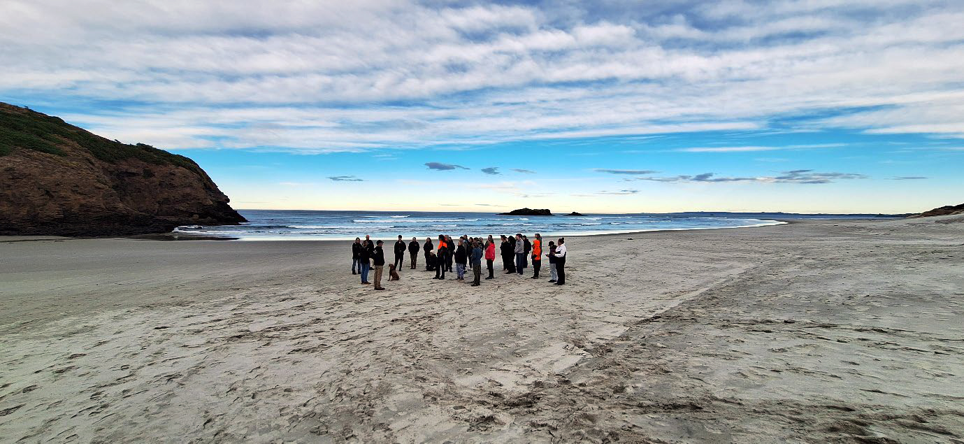 a group of people standing on a sandy beach with the waves and see in the background