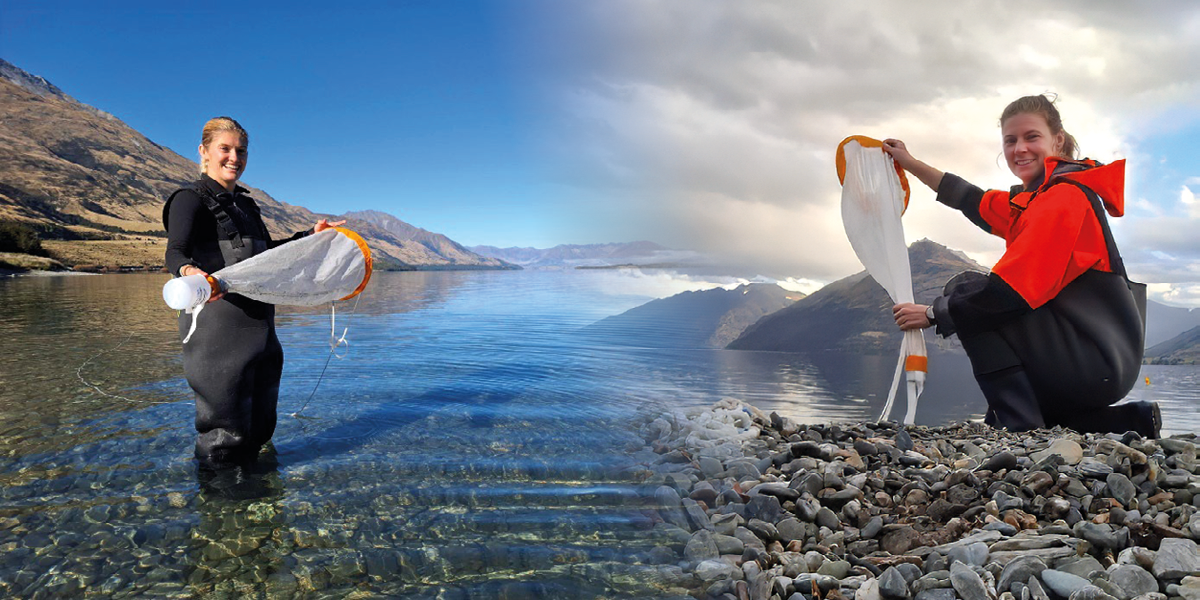 a montage of two people in wetsuits standing in the water holding nets attached to containers
