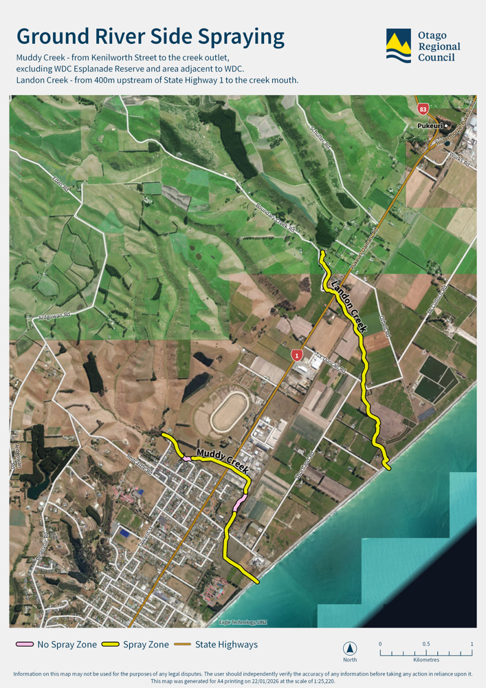 Ground River Side Spraying map - Muddy Creek - from Kenilworth Street to the creek outlet, excluding woe Esplanade Reserve and area adjacent to woe. Landon Creek-from 400m upstream of State Highway 1 to the creek mouth.