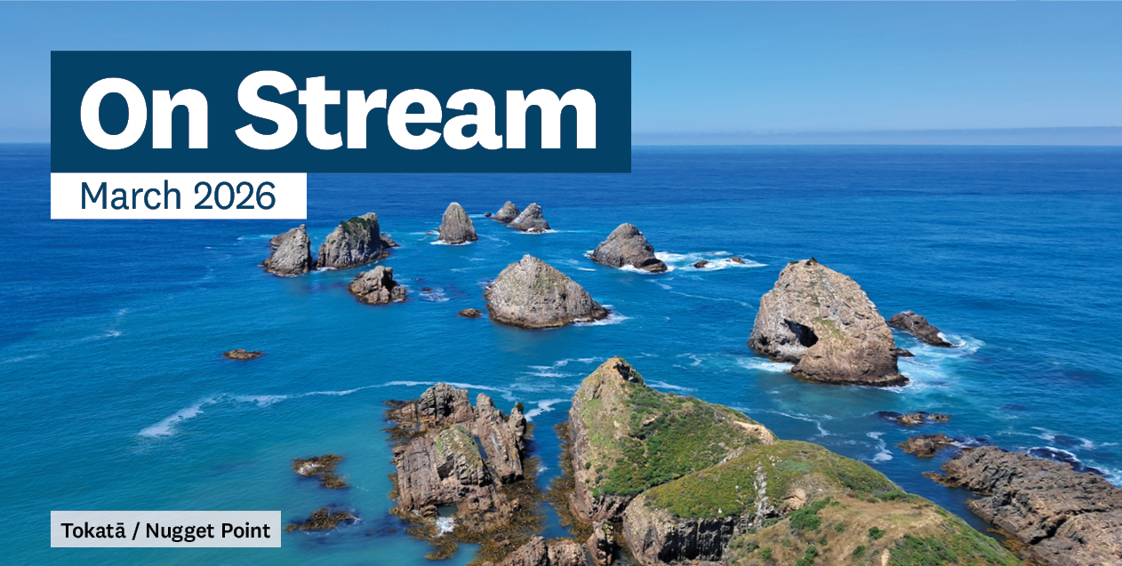 rocks off a coastal point looking out to sea and the words On Stream March 2026 over the top of the photo