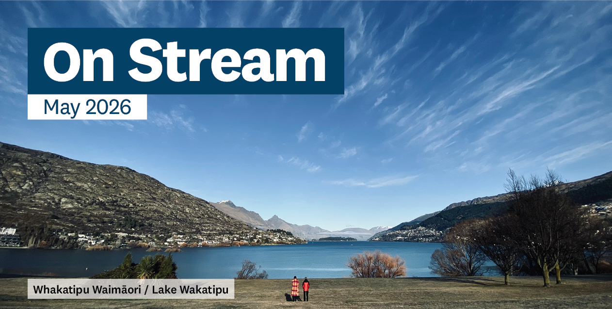 an image of a lake and mountains with the words On Stream May 2026 on it