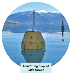 Monitoring buoy in the water at Lake Hāwea with mountains in the background