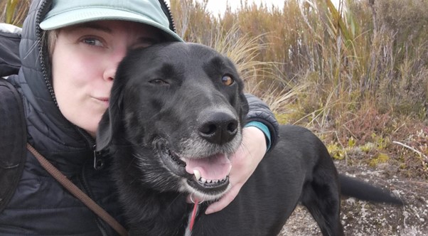 a person hugging a black dog among some grassy tussock