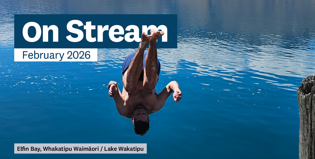 Banner showing Onstream February 2026 with person jumping into water in Elfin Bay