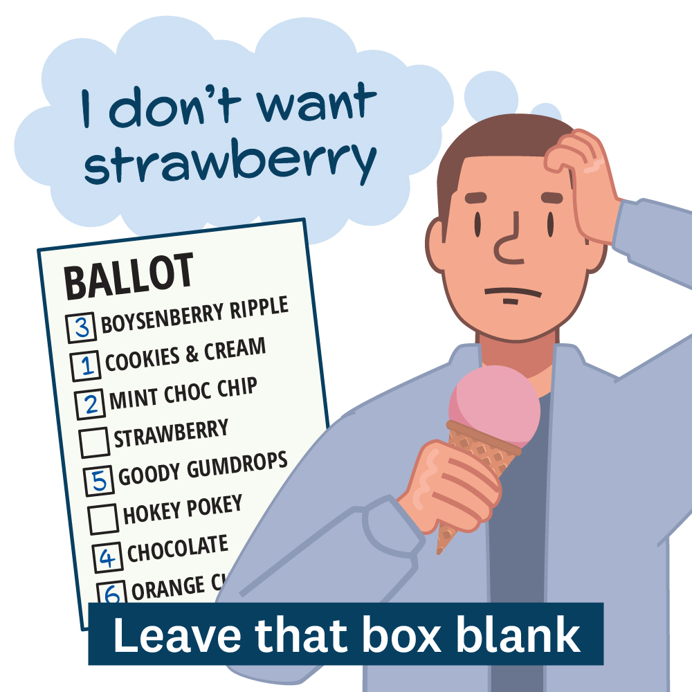 Cartoon person thinking I don't want strawberry so not putting a number next to strawberry on the voting paper