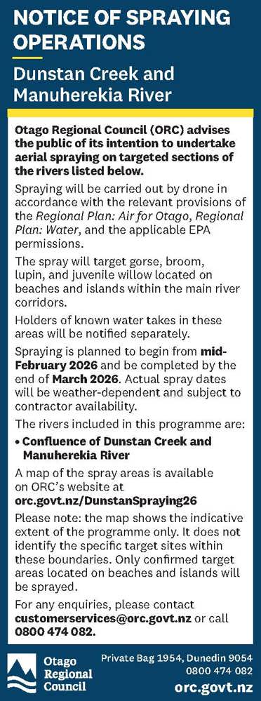 Image of public notice printed in ODT regarding notice of spraying in Dunstan creek and Manuherekia river - this is the same as text on page