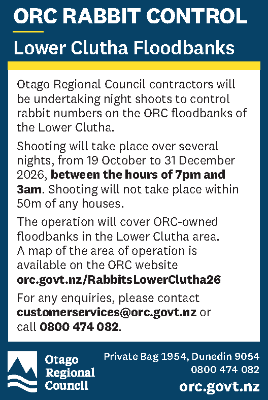 Public Notice ORC Rabbit Control Lower Clutha Floodbanks October 2026