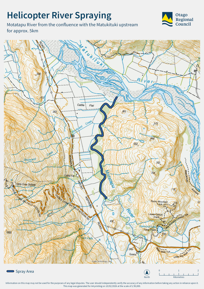 Helicopter river spraying map - Motatapu River from the confluence with the Matukituki upstream for approx 5km