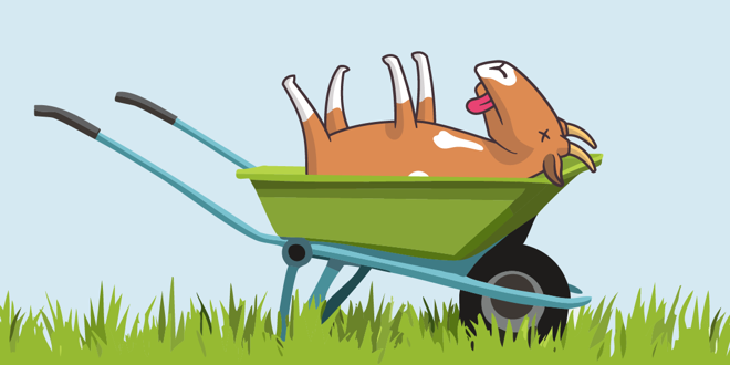 an cartoon-style illustration of a dead goat in a wheelbarrow