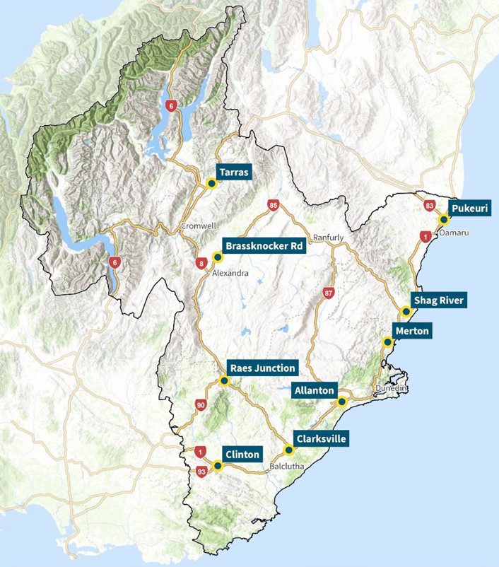 a map showing the location of effluent disposal sites on roads in Otago