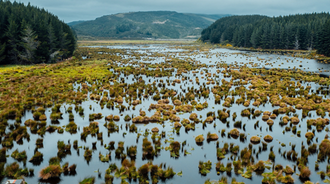 a view of a wetland with mountains in the distance