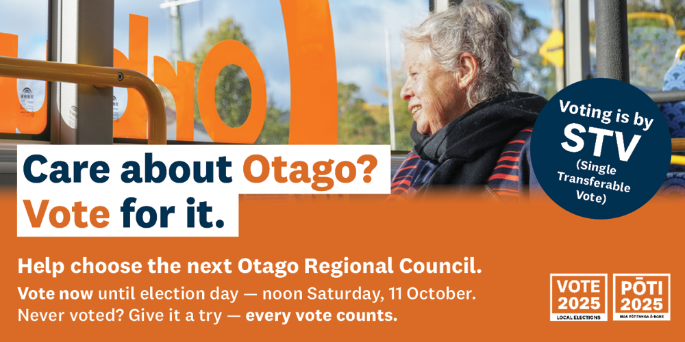 an advertisement that shows a person sitting on a bus looking out the window. The text encourages people to vote