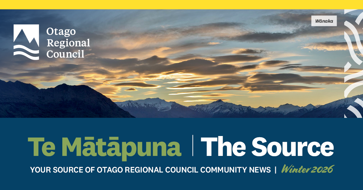 Header for Te Mātāpuna / The Source, showing sun set over Wānaka