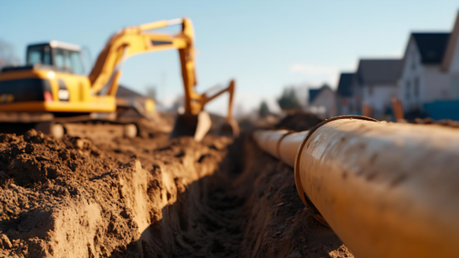 a construction site with an excavator and a pipe in the dirt