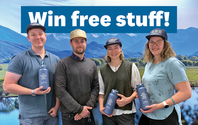 four people holding drink bottles and wearing caps. The picture has the words win free stuff at the top