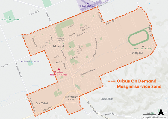 a map of Mosgiel showing a highlighted area in orange