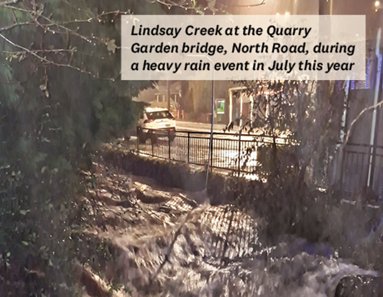 Lindsay Creek at the Quarry Garden bridge, North Road, during a heavy rain event in July this year
